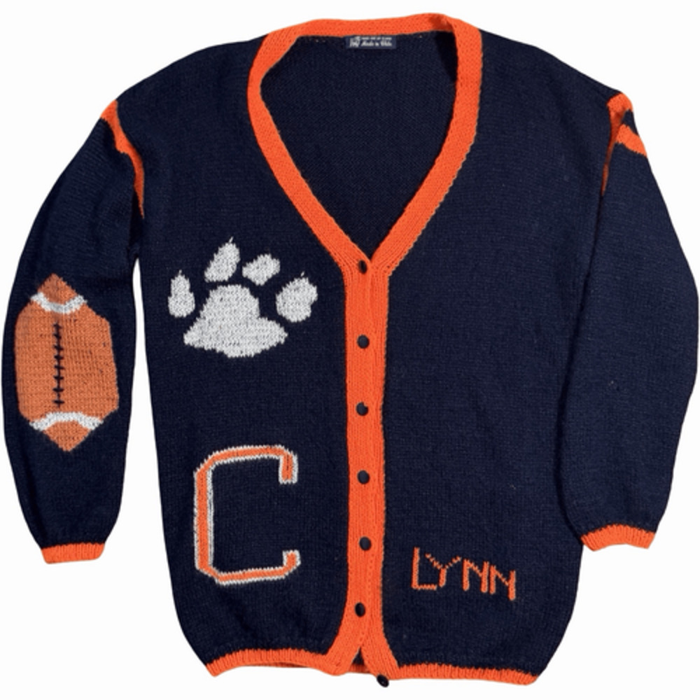 Hand Knit Eliana Clemson Tillman Hall Football Cardigan Sweater Navy Orange Larg